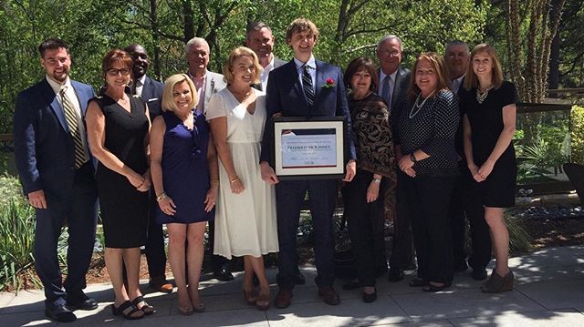 Chamber President, Mac Williams and Director of Workforce & Leadership, Laura Fehlhafer celebrating with Freebird McKinney and others from Alamance County. Congratulations to Freebird on being honored as the 2018 North Carolina Teacher of the Year!