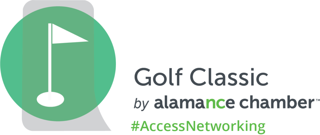 Golf Classic Logo: A golf flagpole on top of a green circle and a shape representing Alamance County. Text: Golf Classic by Alamance Chamber #AccessNetworking