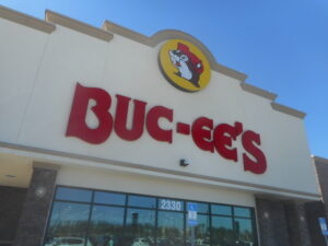 Photo of a Buc-ee's gas station storefront. Buc-ee's is significantly larger than the average gas station, and likely one of the largest in the world.